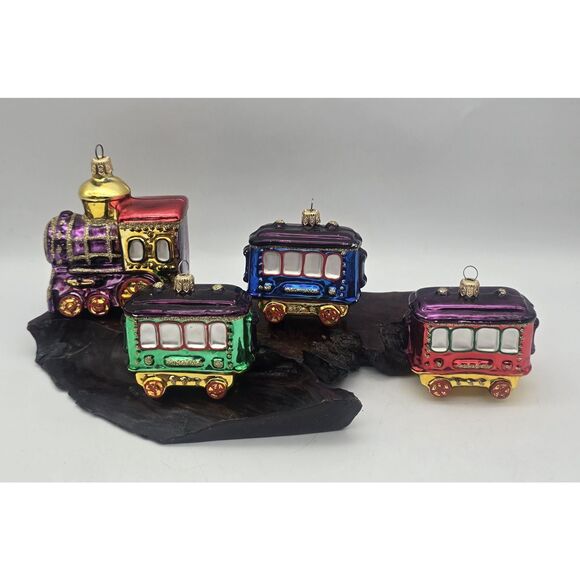 Kurt Adler Christmas LOCOMOTIVE Engine & 3 Box Cars Train Glass Ornaments - Picture 1 of 16